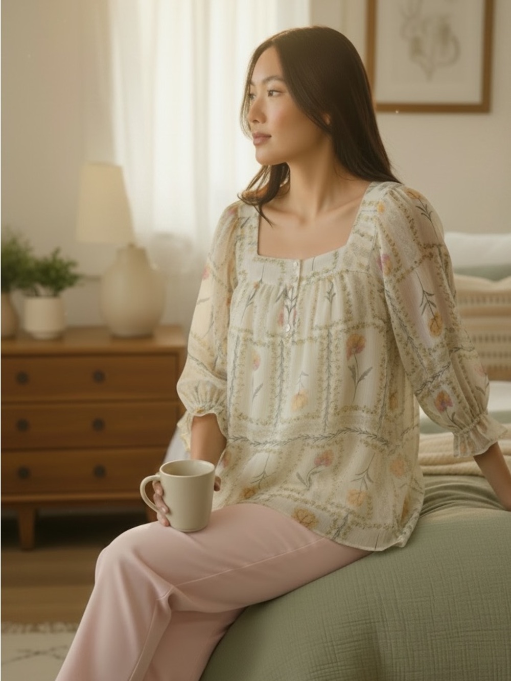 Lauren Conrad S- Women's Square Neck Floral Peasant Top - Cream